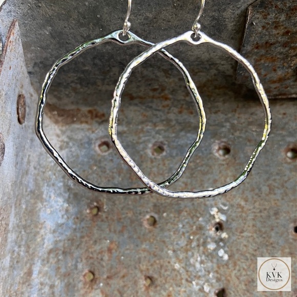 SILVER HAMMERED HOOP EARRINGS, BOHO EARRINGS - Picture 6 of 6